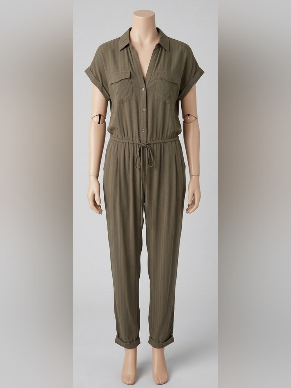 Olive Green Utility Safari Jumpsuit w/Front Pockets, Cinched Drawstring, Chic - Picture 16 of 16